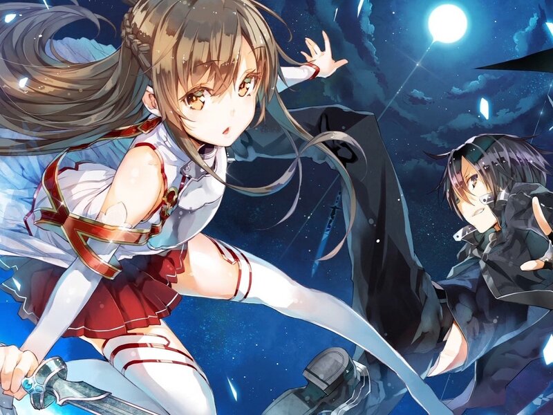 Two Anime Characters Fighting — Blue, Dramatic, Night, Sword, Moon