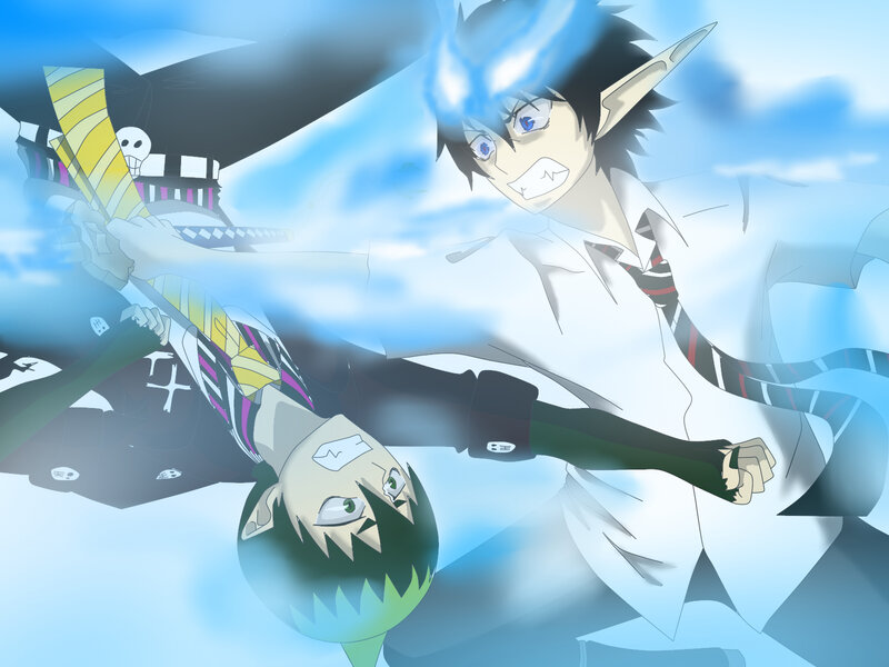 Two Anime Characters Fighting — Blue, Dramatic, Sword