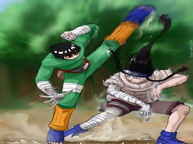Two Anime Characters Fighting — Green, Action-packed, Trees