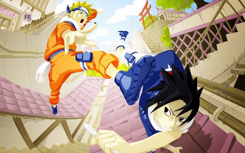 Two Anime Characters Fighting — Orange, Action-packed, Afternoon