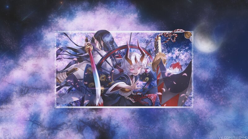 Two Anime Characters Fighting — Purple, Dramatic, Night, Swords, Cherry Blossoms