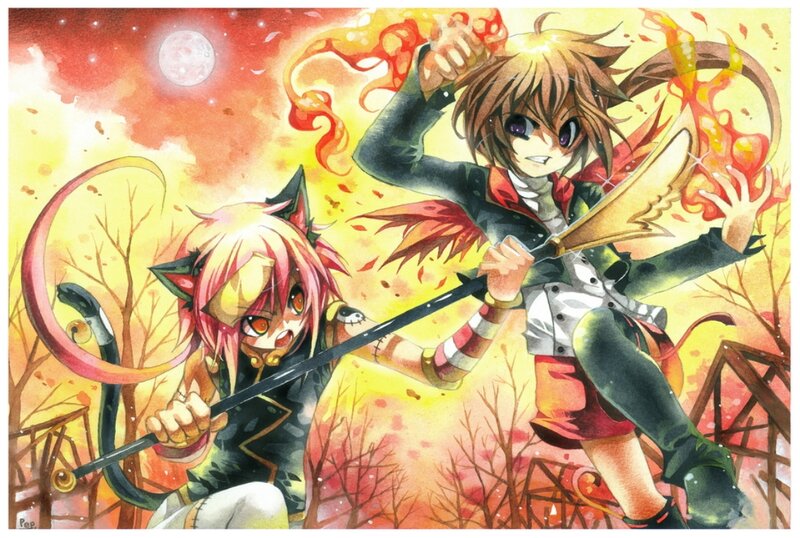 Two Anime Characters Fighting — Red, Dramatic, Night, Swords, Fire