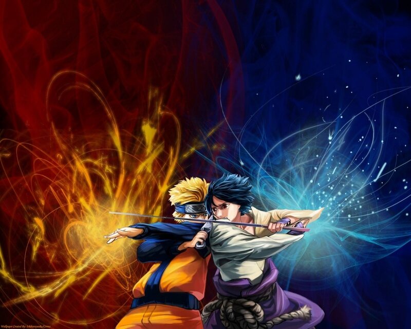 Two Anime Characters Fighting — Red, Dramatic, Swords, Energy Effects, Fire