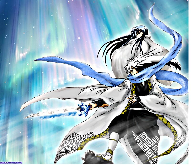 Two Anime Characters Fighting — White, Dramatic, Sword, Cape, Blue Energy