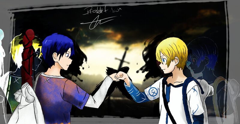 Two Anime Characters Fist-bumping — Blue