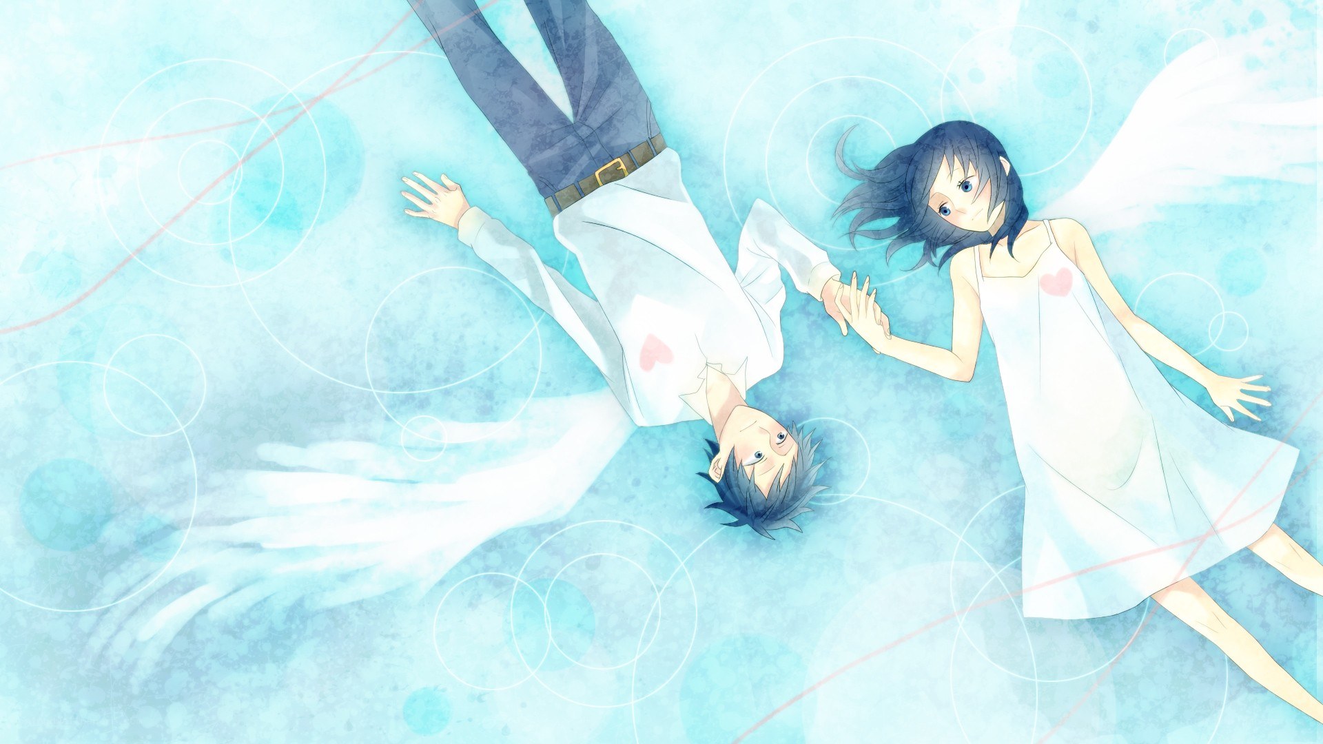 two anime characters floating together