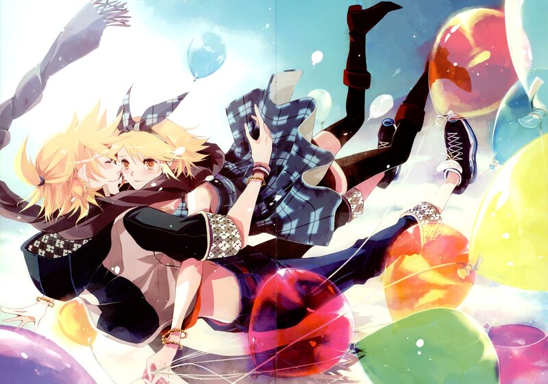 Two anime characters floating with balloons