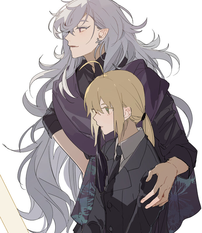 Two Anime Characters — Gray, Calm, Long Hair, Blonde Hair