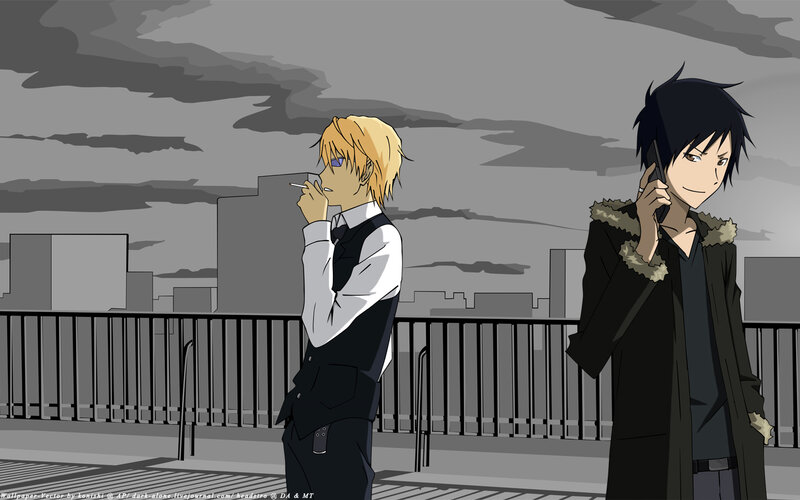 Two Anime Characters — Gray, Dramatic, Cityscape