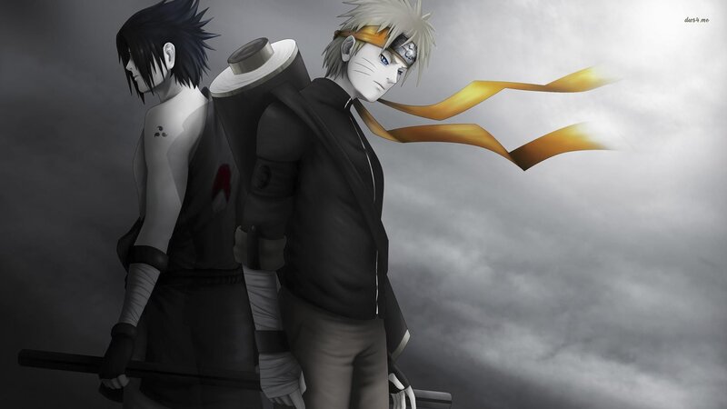 Two Anime Characters — Gray, Dramatic, Digital Art, Cloudy Sky, Backpack