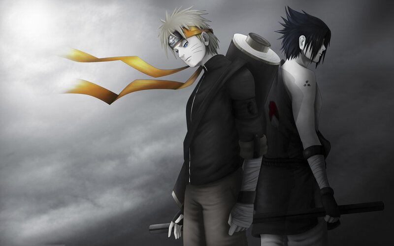 Two Anime Characters — Gray, Dramatic, Digital Art, Cloudy Sky, Scroll