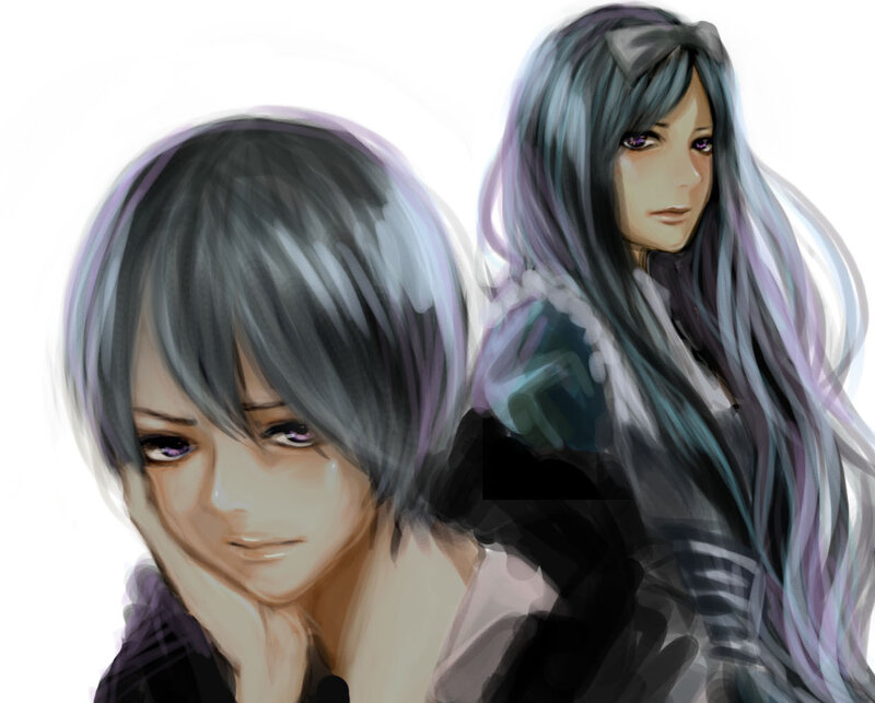 Two Anime Characters — Gray, Dramatic, Digital Art, Long Hair