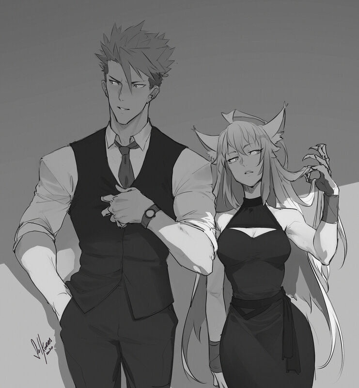 Two Anime Characters — Gray, Dramatic, Digital Art, Man