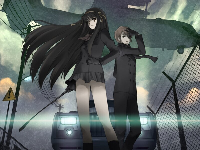 Two Anime Characters — Gray, Dramatic, Night, Airship