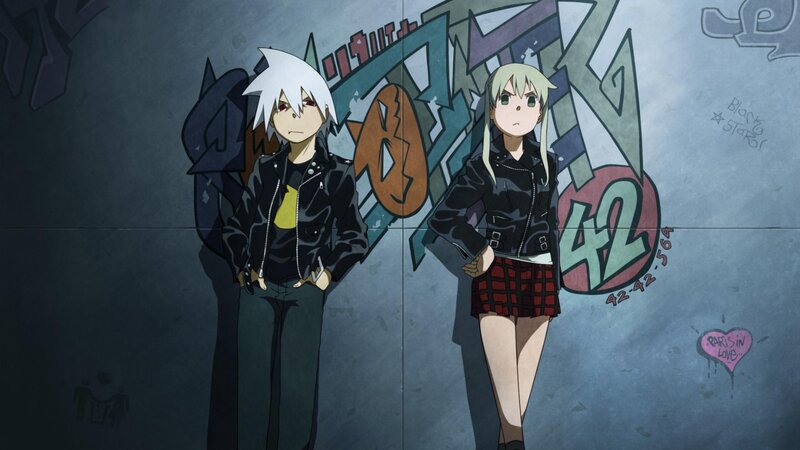 Two Anime Characters — Gray, Serious, Graffiti Wall