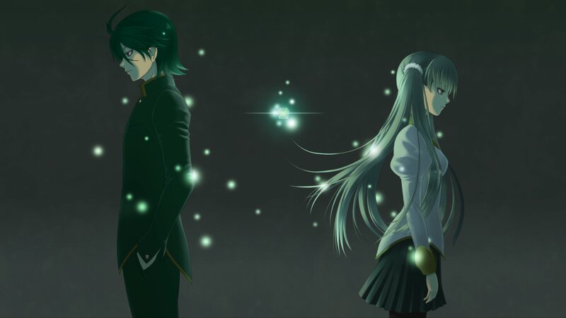 Two Anime Characters — Green, Dramatic, Night, Glowing Particles