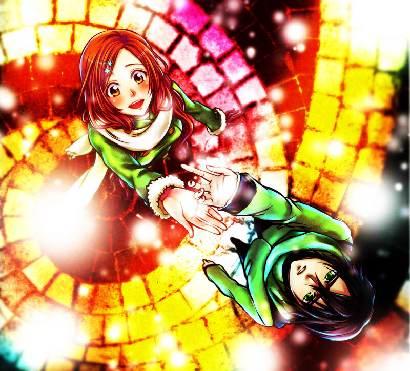 Two Anime Characters — Green, Dramatic, Snow