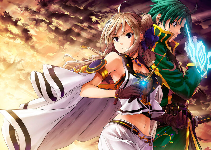 Two Anime Characters — Green, Dramatic, Sunset, Magic