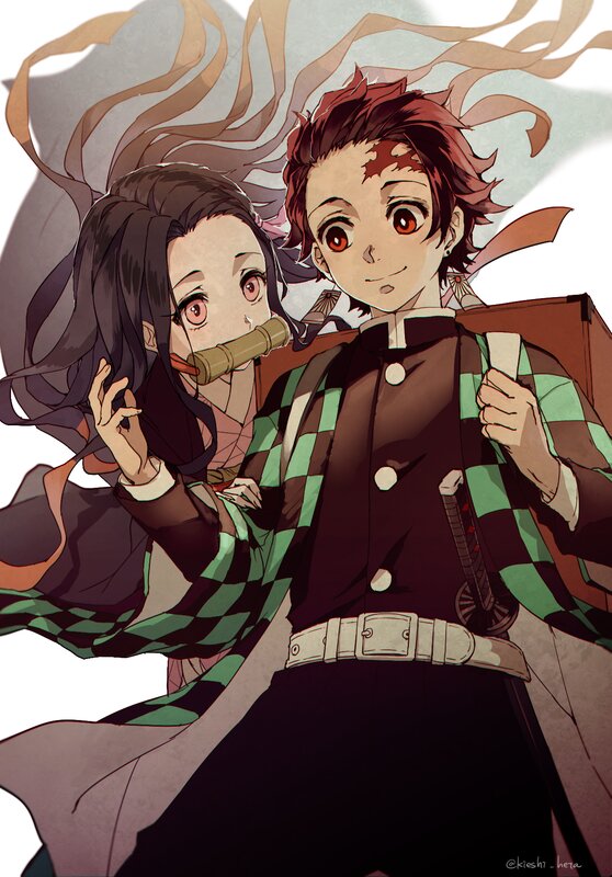 Two Anime Characters — Green, Dramatic, Sword, Checkered Haori