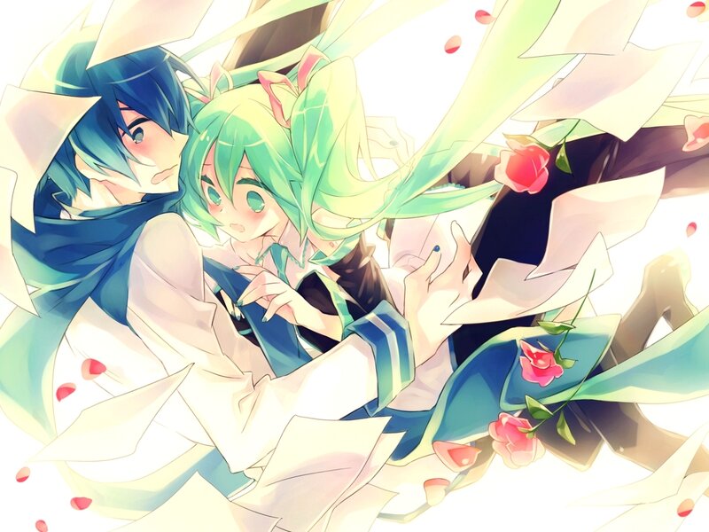 Two Anime Characters — Green, Dreamy, Roses, Paper