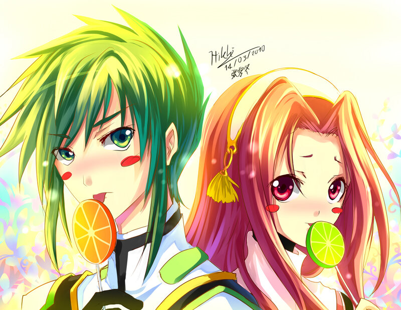 Two Anime Characters — Green, Playful, Lollipops