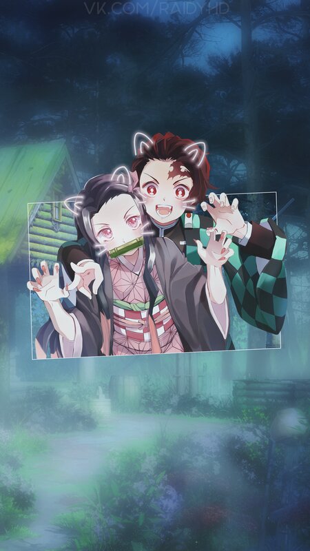 Two Anime Characters — Green, Playful, Night
