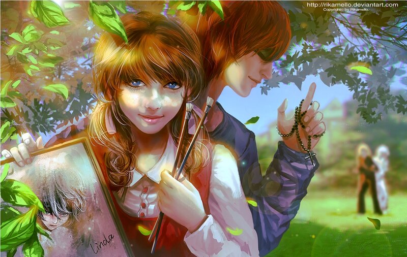 Two Anime Characters — Green, Serene, Afternoon, Digital Art