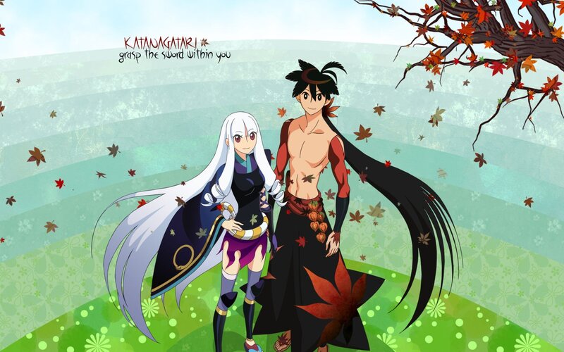 Two Anime Characters — Green, Serene, Autumn, Fallen Leaves