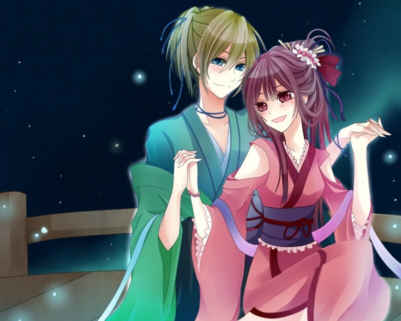 Two Anime Characters — Green, Serene, Night, Kimono