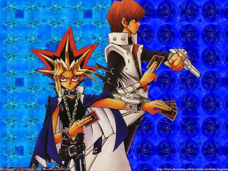 Two Anime Characters Holding Cards