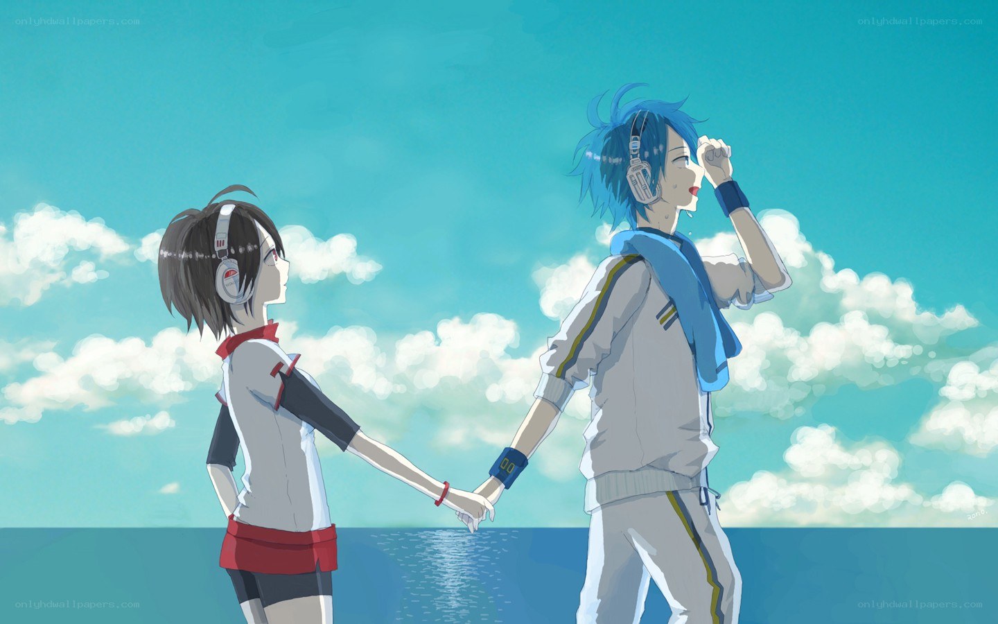 Two anime characters holding hands