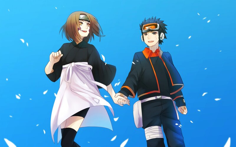 Two Anime Characters Holding Hands — Blue, Joyful, Goggles