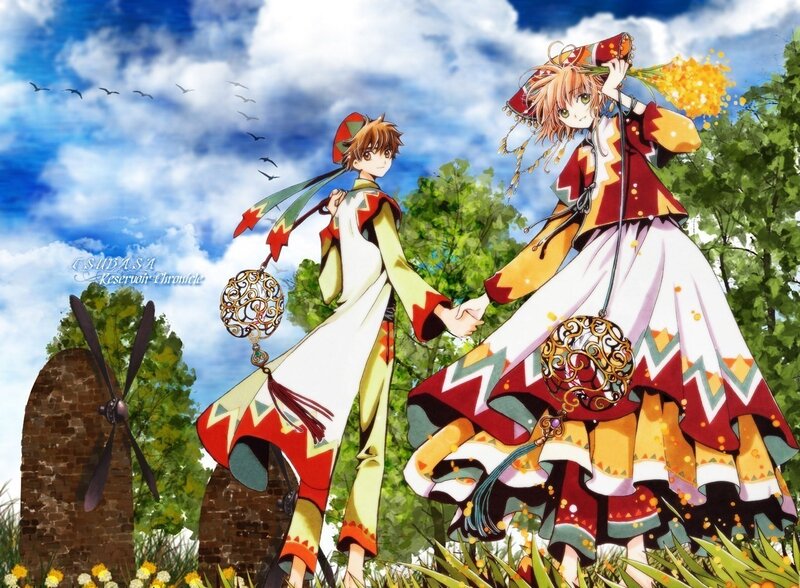 Two Anime Characters Holding Hands — Blue, Serene, Afternoon, Flowers