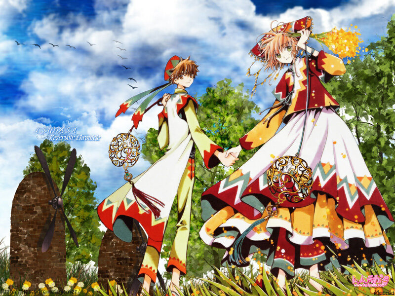 Two Anime Characters Holding Hands — Blue, Serene, Afternoon, Windmill