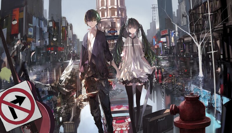 Two Anime Characters Holding Hands — Gray, Dramatic