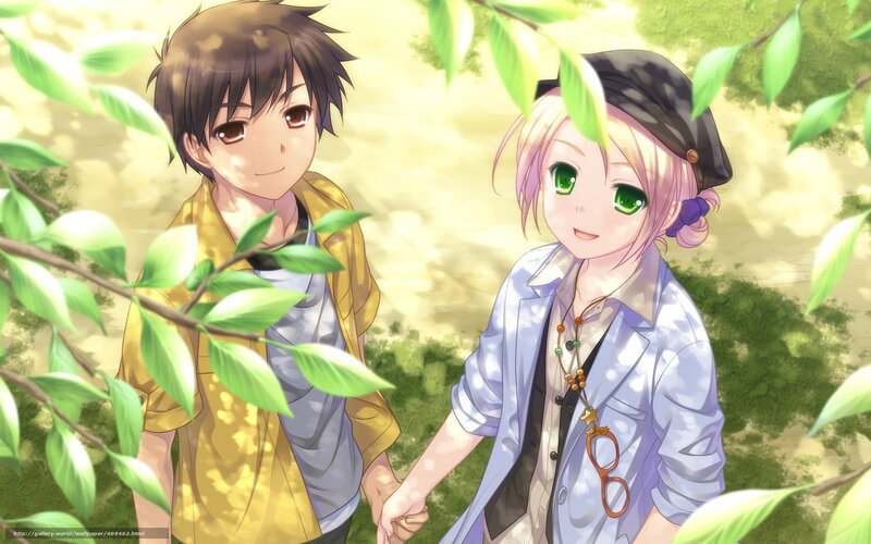 Two Anime Characters Holding Hands — Green, Serene, Afternoon, Leaves, Trees, Hand Holding