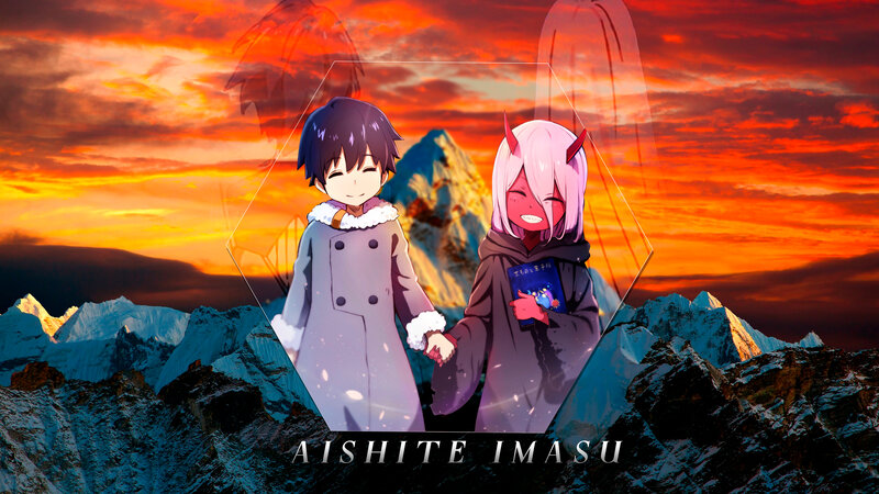 Two Anime Characters Holding Hands — Orange, Dramatic, Sunset, Mountains