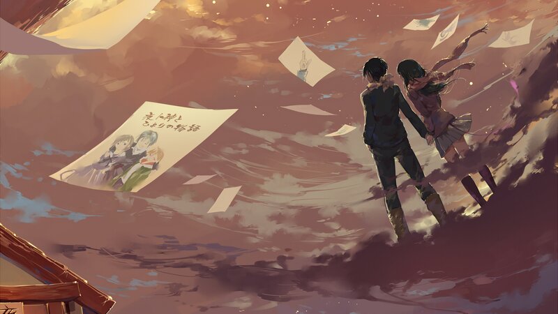 Two Anime Characters Holding Hands — Orange, Dramatic, Sunset