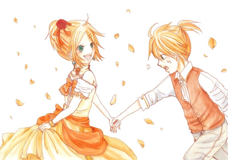 Two Anime Characters Holding Hands — Orange, Playful