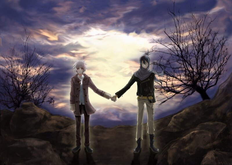 Two Anime Characters Holding Hands — Purple, Dramatic, Sunset