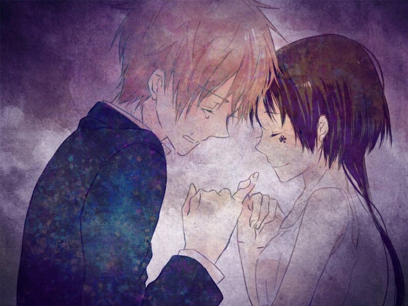 Two Anime Characters Holding Hands — Purple, Melancholic