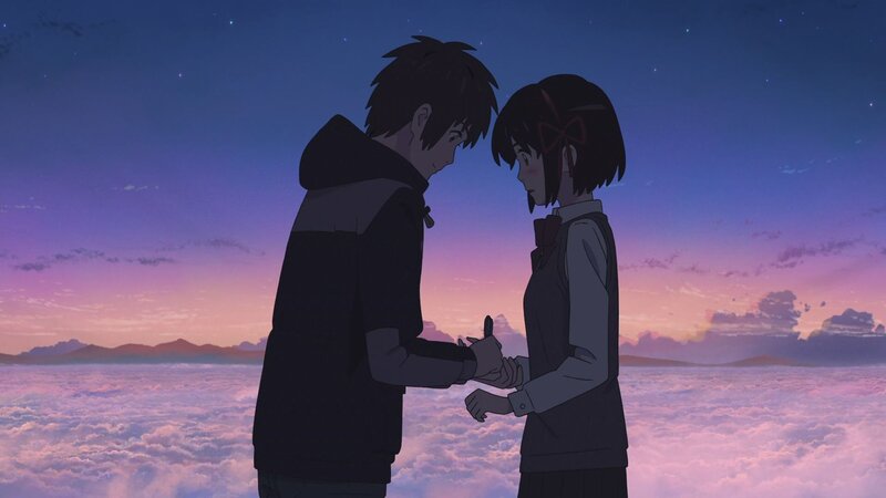 Two Anime Characters Holding Hands — Purple, Serene, Sunset, Clouds