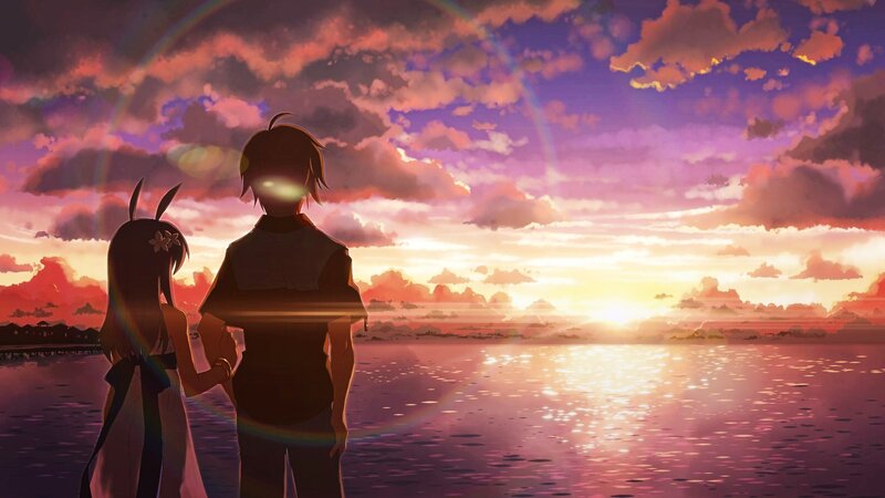 Two Anime Characters Holding Hands — Purple, Serene, Sunset, Sea