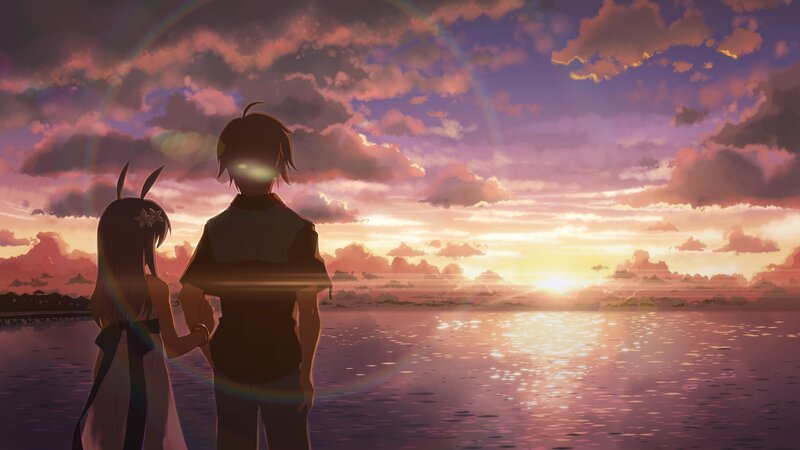 Two Anime Characters Holding Hands — Purple, Serene, Sunset