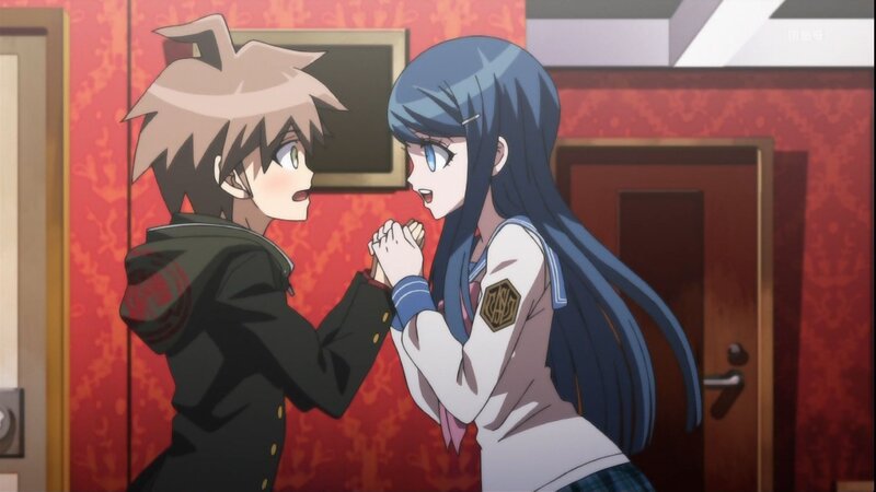 Two Anime Characters Holding Hands — Red, Dramatic, School Uniforms