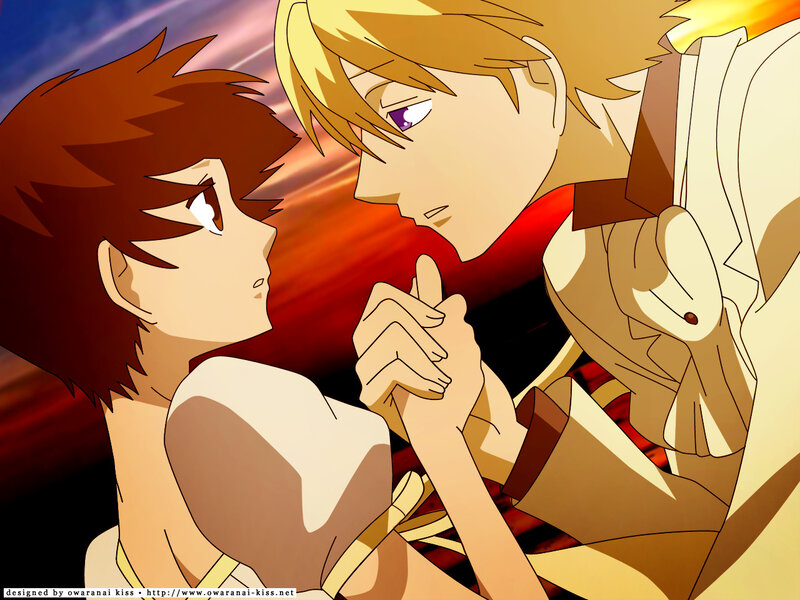 Two Anime Characters Holding Hands — Red, Dramatic, Sunset