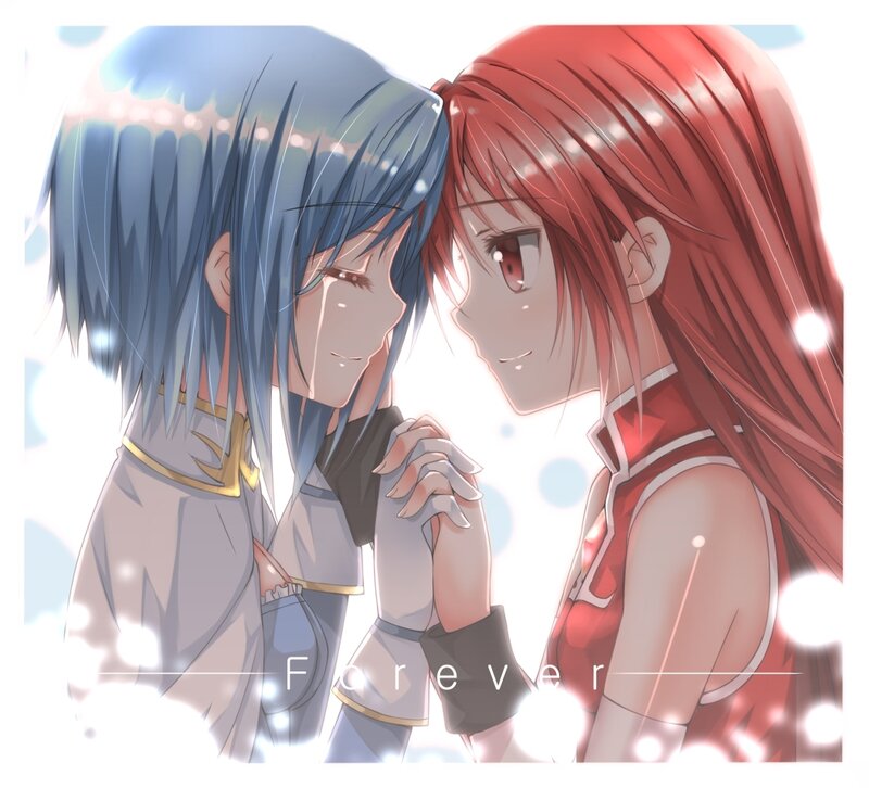 Two Anime Characters Holding Hands — Red