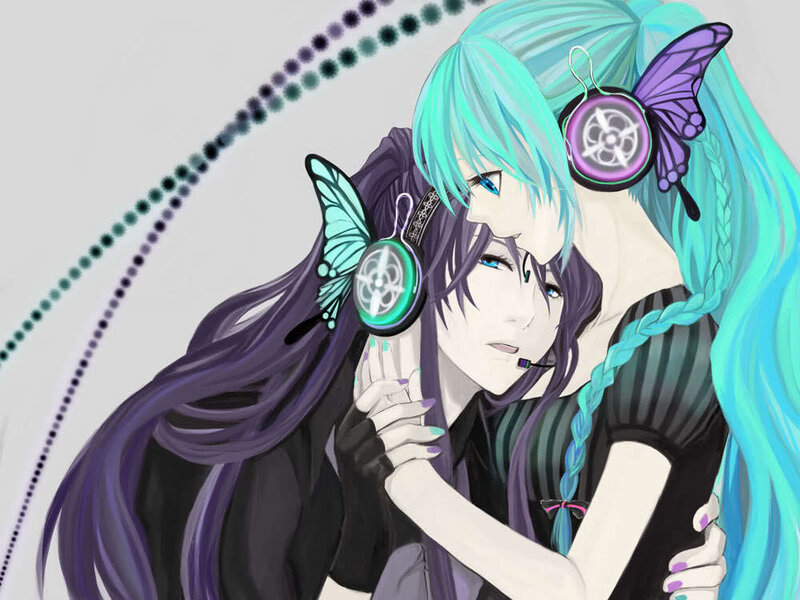 Two anime characters hugging
