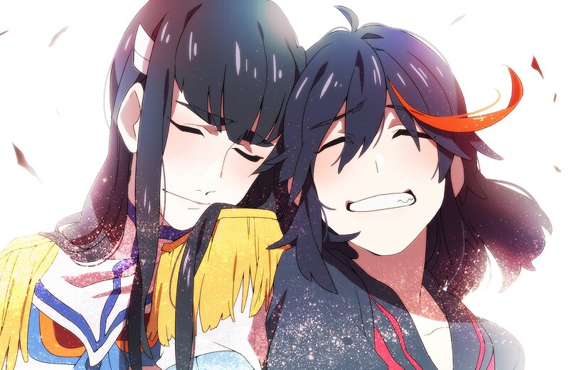 Two Anime Characters Hugging — Black, Affectionate, Sparkles