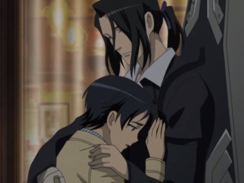 Two Anime Characters Hugging — Black, Dramatic, Hug